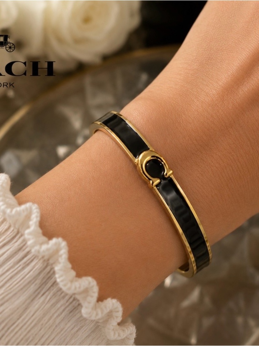 Coach Black Enamel Gold Tone Signature C Hinged Bangle Bracele